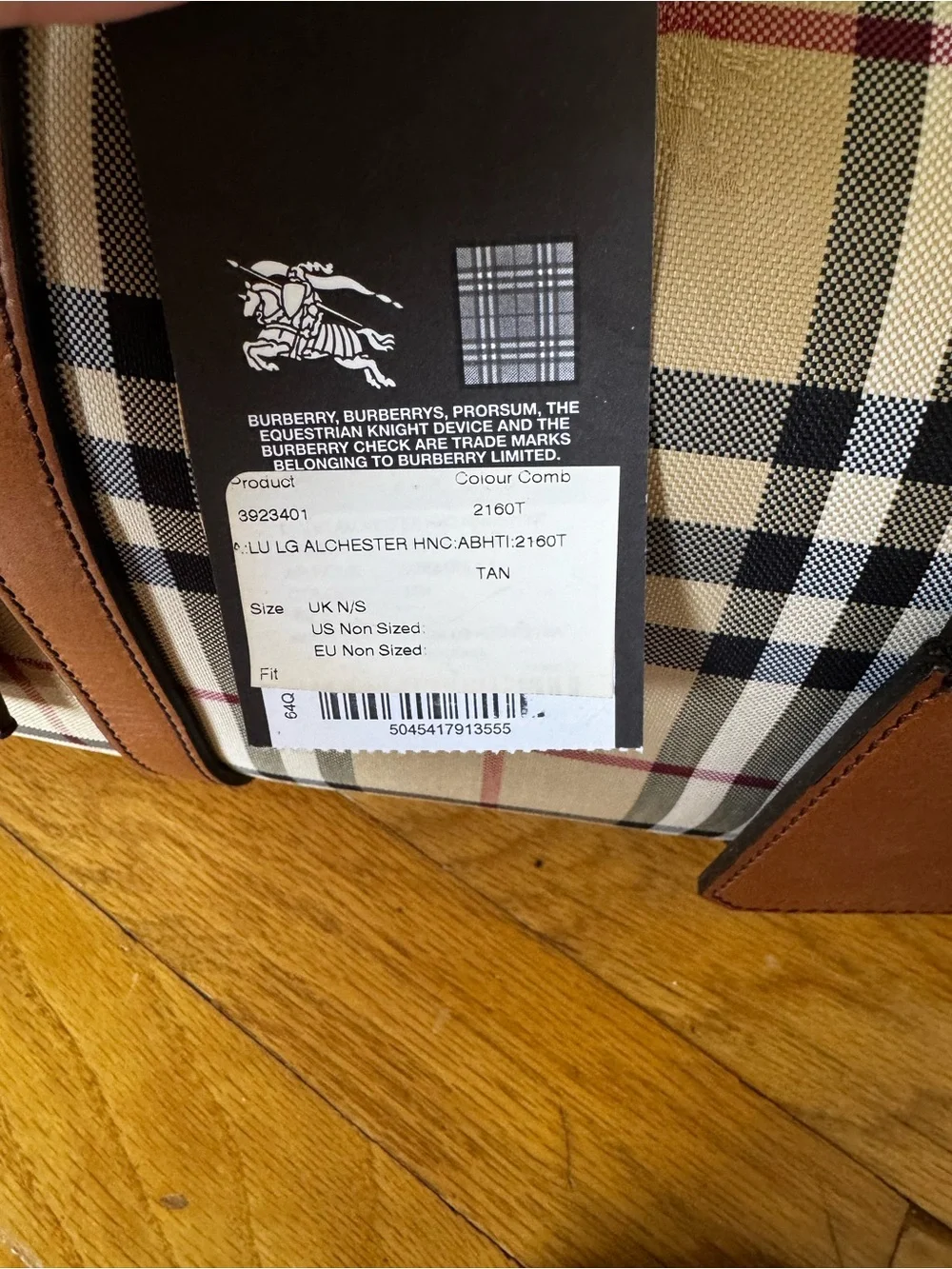 Burberry Beige Vintage Check Large Duffel with Brown Leather Trim